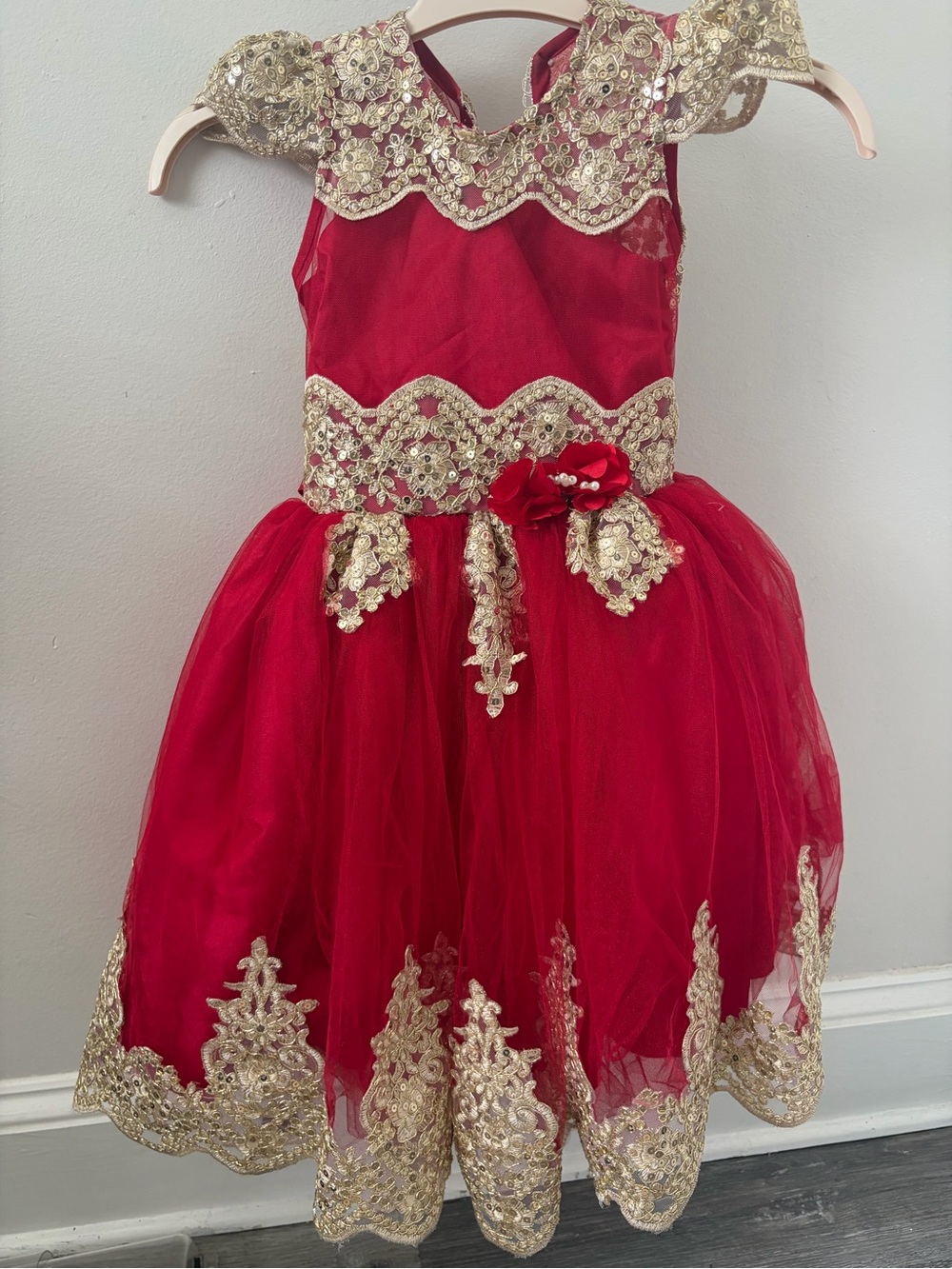 Diva Red Dress with Gold Lace Appliqué